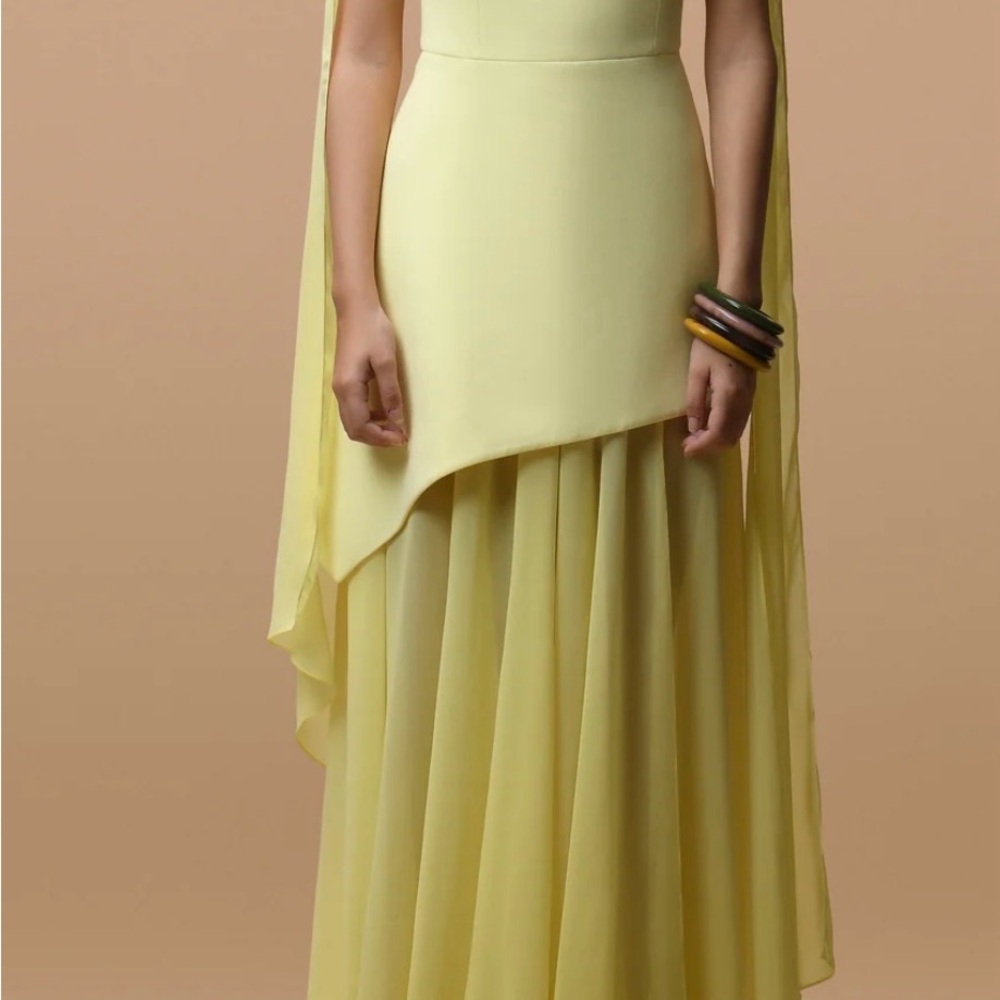 Strapless High-Low Halter Gown in Pale Yellow - Picture 3 of 7
